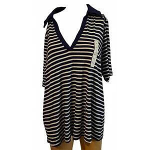Women's AVA & VIV Navy White Striped Stretchy Blouse XXL Top